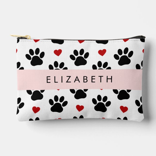 Pattern Of Paws, Black Paws, Red Hearts, Your Name Accessory Pouch (Front)