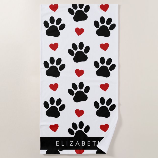 Pattern Of Paws, Black Paws, Red Hearts, Your Name Beach Towel (Front)