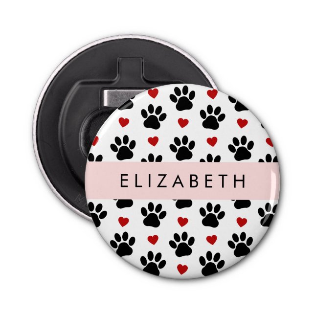 Pattern Of Paws, Black Paws, Red Hearts, Your Name Bottle Opener (Front)