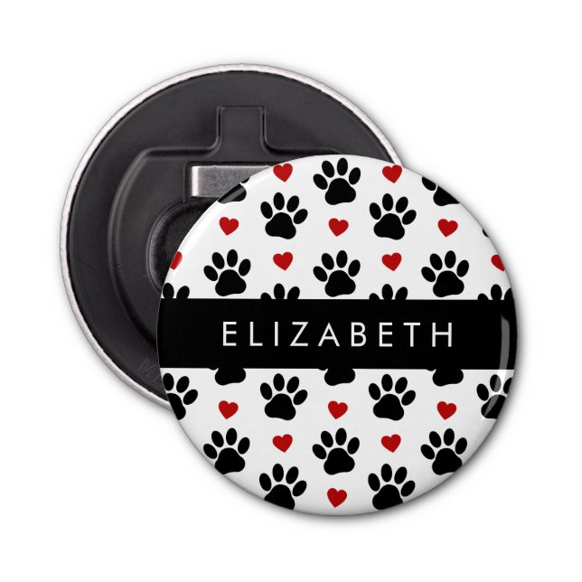 Pattern Of Paws, Black Paws, Red Hearts, Your Name Bottle Opener (Front)