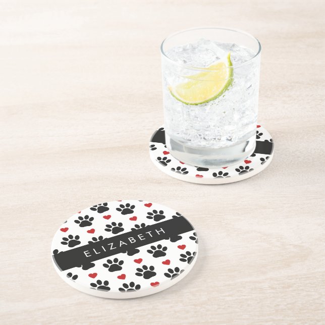 Pattern Of Paws, Black Paws, Red Hearts, Your Name Coaster (Side)