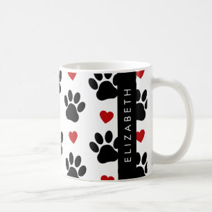 Pattern Of Paws, Black Paws, Red Hearts, Your Name Coffee Mug