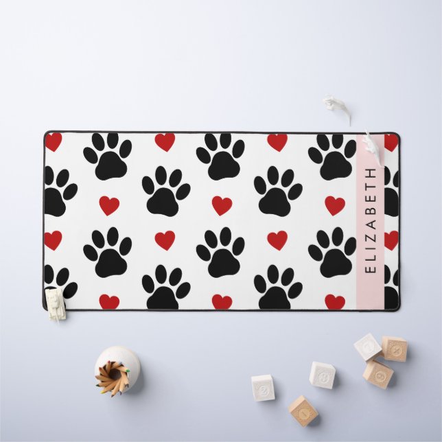 Pattern Of Paws, Black Paws, Red Hearts, Your Name Desk Mat (Kids Table)