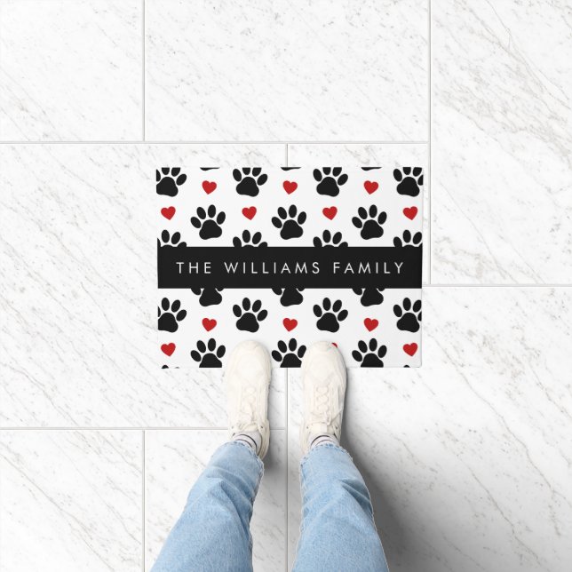 Pattern Of Paws, Black Paws, Red Hearts, Your Name Doormat (Indoor)