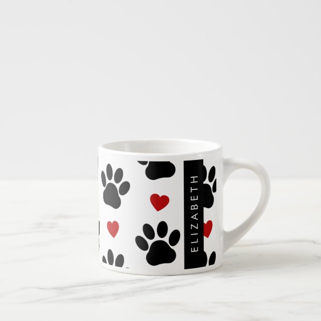 Pattern Of Paws, Black Paws, Red Hearts, Your Name Espresso Cup (Right)