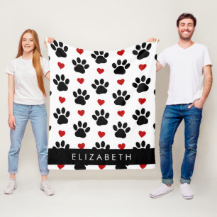 Pattern Of Paws, Black Paws, Red Hearts, Your Name Fleece Blanket