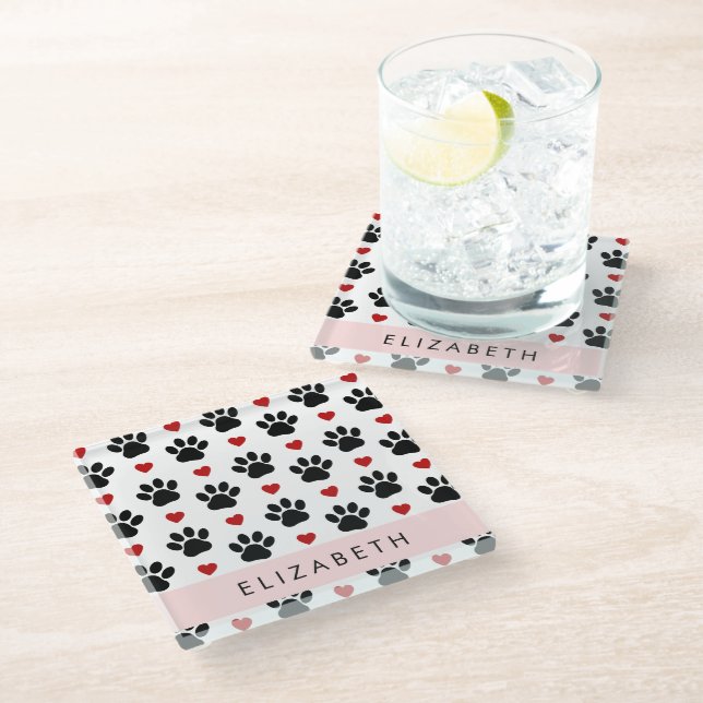 Pattern Of Paws, Black Paws, Red Hearts, Your Name Glass Coaster (Angled)
