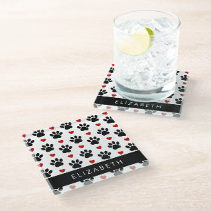 Pattern Of Paws, Black Paws, Red Hearts, Your Name Glass Coaster