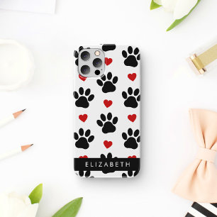 Pattern Of Paws, Black Paws, Red Hearts, Your Name iPhone 16 Case