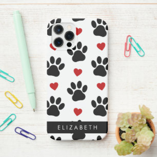 Pattern Of Paws, Black Paws, Red Hearts, Your Name iPhone 12 Pro Case