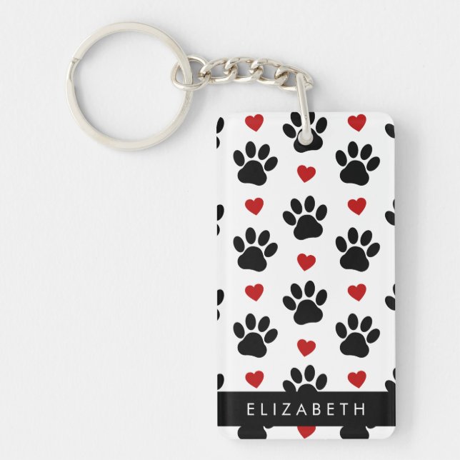 Pattern Of Paws, Black Paws, Red Hearts, Your Name Key Ring (Front)