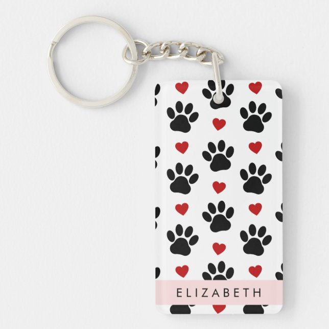 Pattern Of Paws, Black Paws, Red Hearts, Your Name Key Ring (Front)