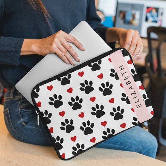 Pattern Of Paws, Black Paws, Red Hearts, Your Name Laptop Sleeve (Creator Uploaded)