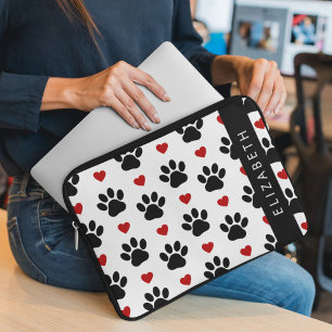 Pattern Of Paws, Black Paws, Red Hearts, Your Name Laptop Sleeve