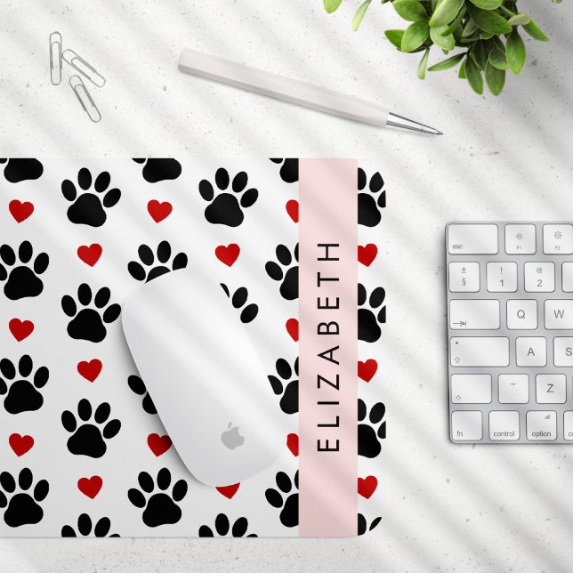 Pattern Of Paws, Black Paws, Red Hearts, Your Name Mouse Pad (Creator Uploaded)