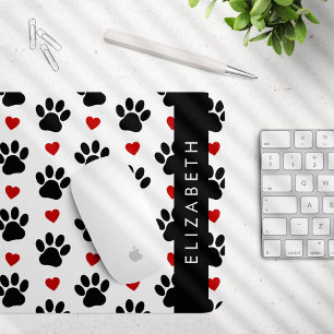 Pattern Of Paws, Black Paws, Red Hearts, Your Name Mouse Pad