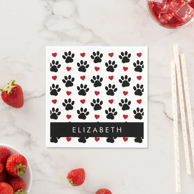 Pattern Of Paws, Black Paws, Red Hearts, Your Name Napkin (Insitu)