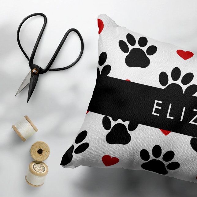 Pattern Of Paws, Black Paws, Red Hearts, Your Name Pillowcase (Creator Uploaded)