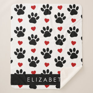 Pattern Of Paws, Black Paws, Red Hearts, Your Name Sherpa Blanket