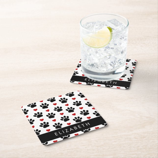 Pattern Of Paws, Black Paws, Red Hearts, Your Name Square Paper Coaster (Insitu)