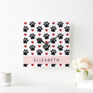 Pattern Of Paws, Black Paws, Red Hearts, Your Name Square Wall Clock