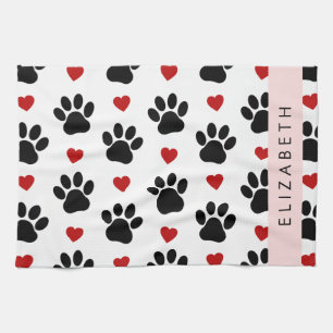 Pattern Of Paws, Black Paws, Red Hearts, Your Name Tea Towel