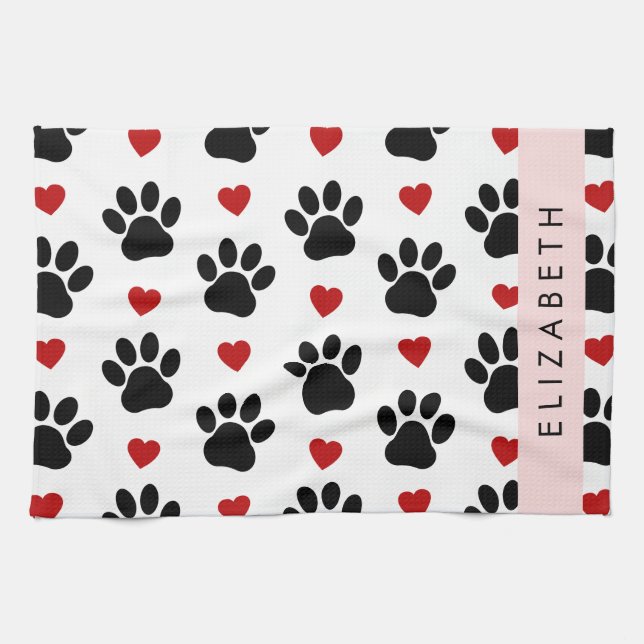 Pattern Of Paws, Black Paws, Red Hearts, Your Name Tea Towel (Horizontal)