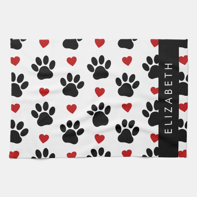 Pattern Of Paws, Black Paws, Red Hearts, Your Name Tea Towel (Horizontal)
