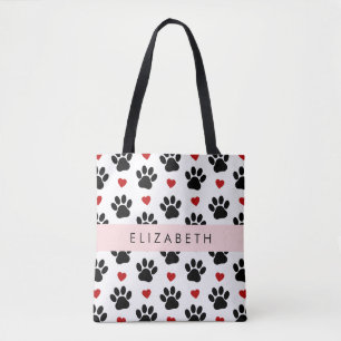 Pattern Of Paws, Black Paws, Red Hearts, Your Name Tote Bag