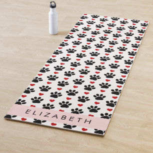 Pattern Of Paws, Black Paws, Red Hearts, Your Name Yoga Mat