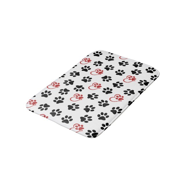 Pattern Of Paws, Black Paws, Red Paws, Hearts Bath Mat (Angled)