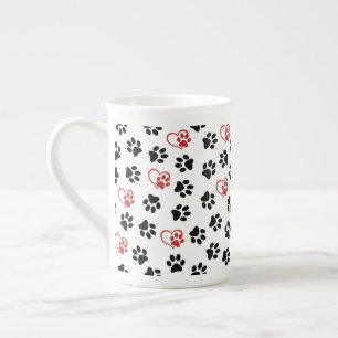 Pattern Of Paws, Black Paws, Red Paws, Hearts Bone China Mug