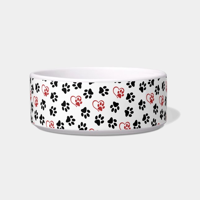 Pattern Of Paws, Black Paws, Red Paws, Hearts Bowl (Front)
