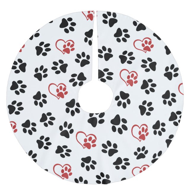 Pattern Of Paws, Black Paws, Red Paws, Hearts Brushed Polyester Tree Skirt (Front)