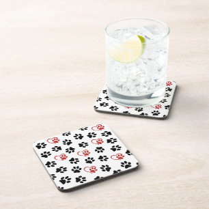 Pattern Of Paws, Black Paws, Red Paws, Hearts Coaster