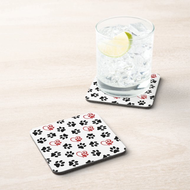 Pattern Of Paws, Black Paws, Red Paws, Hearts Coaster (Right Side)
