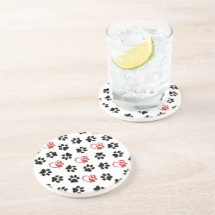 Pattern Of Paws, Black Paws, Red Paws, Hearts Coaster