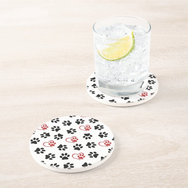 Pattern Of Paws, Black Paws, Red Paws, Hearts Coaster (Side)
