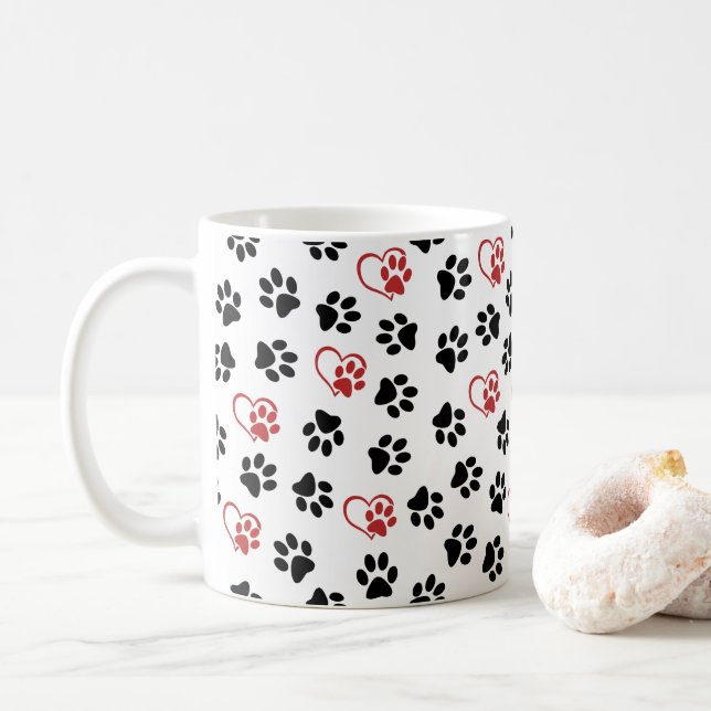 Pattern Of Paws, Black Paws, Red Paws, Hearts Coffee Mug (With Donut)