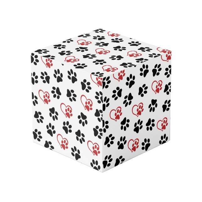 Pattern Of Paws, Black Paws, Red Paws, Hearts Cube (Front Angled)