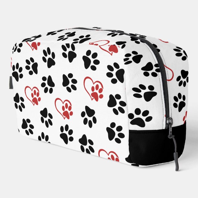 Pattern Of Paws, Black Paws, Red Paws, Hearts Dopp Kit (Right Corner)