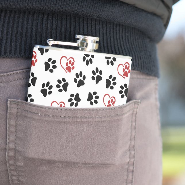 Pattern Of Paws, Black Paws, Red Paws, Hearts Hip Flask (In Situ)