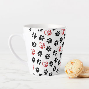 Pattern Of Paws, Black Paws, Red Paws, Hearts Latte Mug