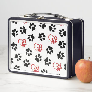 Pattern Of Paws, Black Paws, Red Paws, Hearts Metal Lunch Box