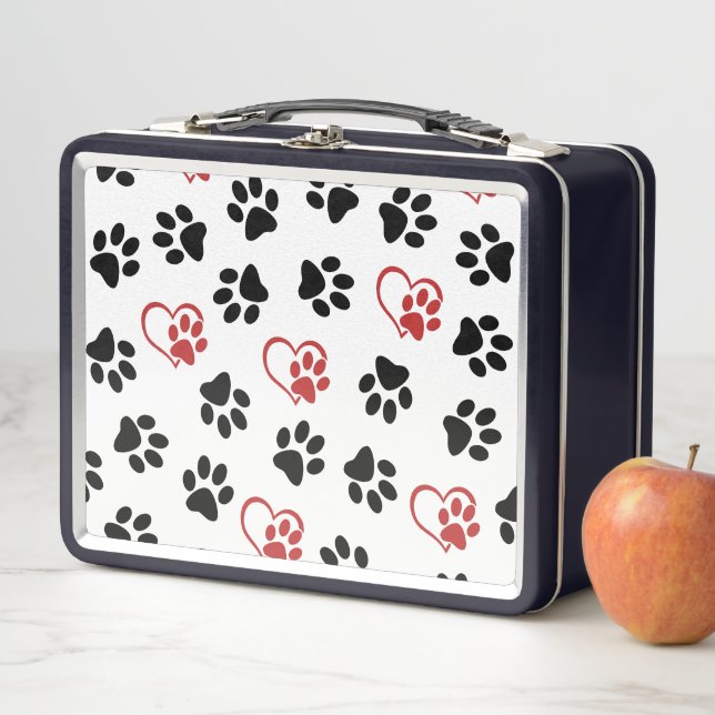 Pattern Of Paws, Black Paws, Red Paws, Hearts Metal Lunch Box (In Situ)