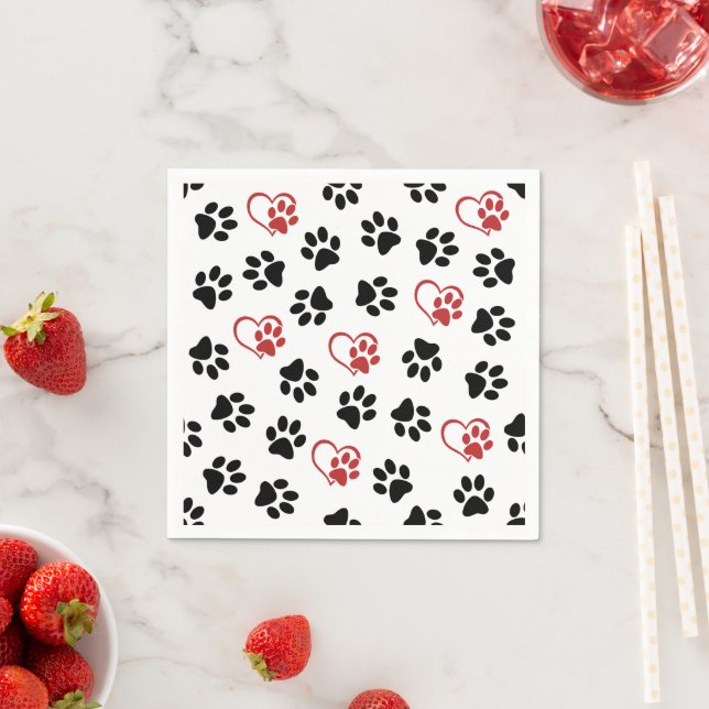 Pattern Of Paws, Black Paws, Red Paws, Hearts Napkin (Insitu)