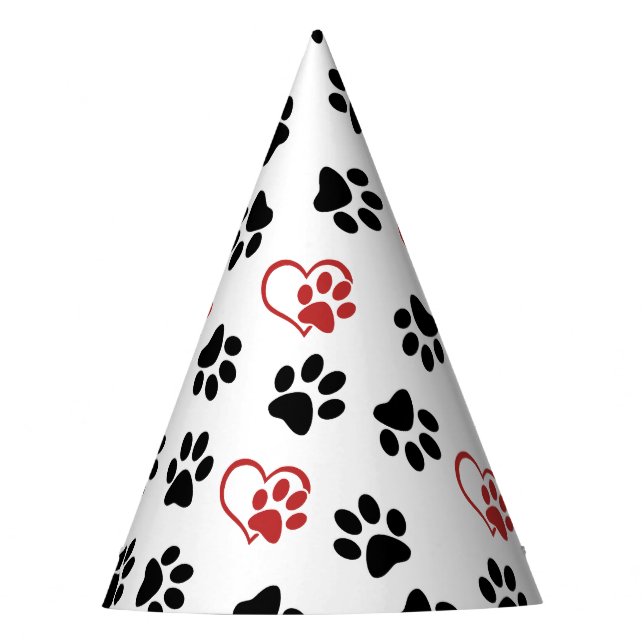 Pattern Of Paws, Black Paws, Red Paws, Hearts Party Hat (Front)