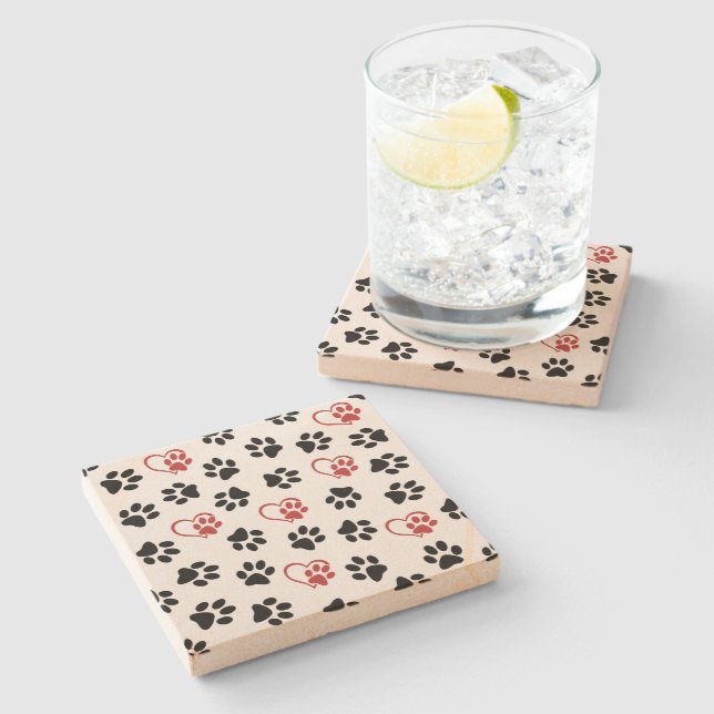 Pattern Of Paws, Black Paws, Red Paws, Hearts Stone Coaster (Side)