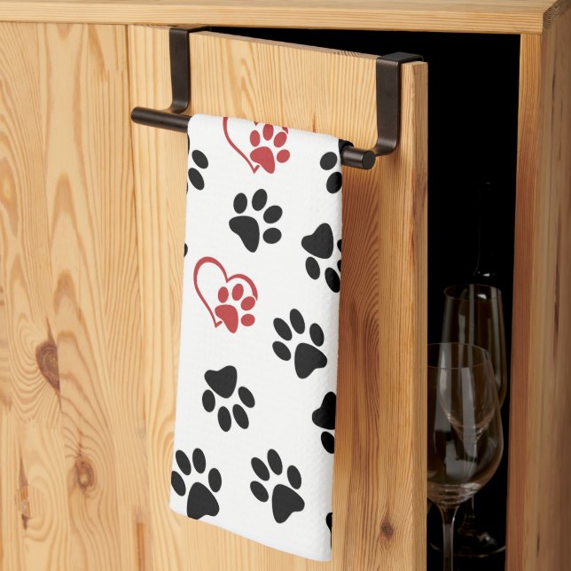 Pattern Of Paws, Black Paws, Red Paws, Hearts Tea Towel (Thirds Fold)