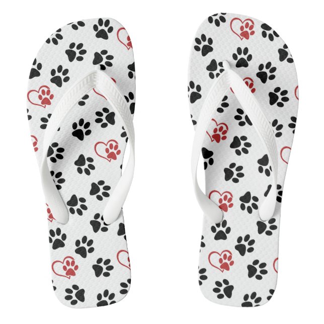 Pattern Of Paws, Black Paws, Red Paws, Hearts Thongs (Footbed)